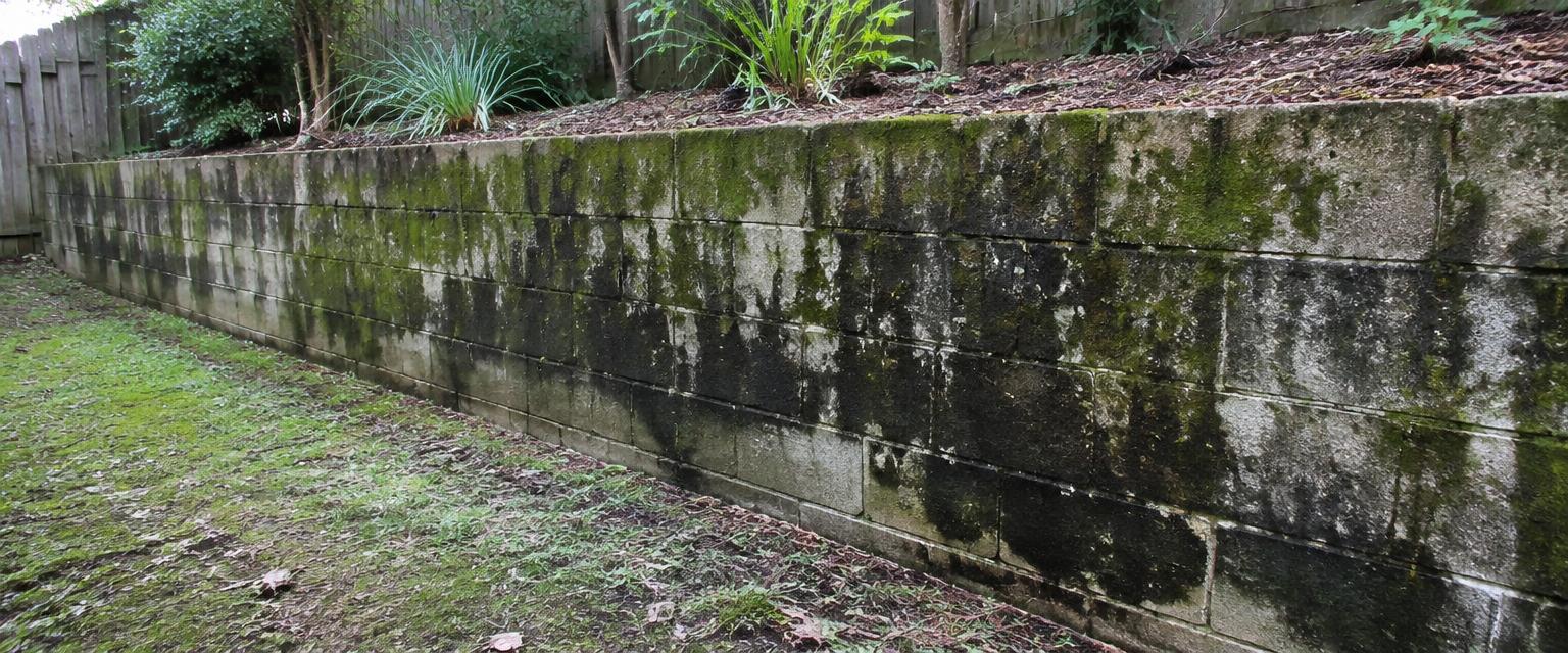 Illustrative retaining wall cleaning before cleaning